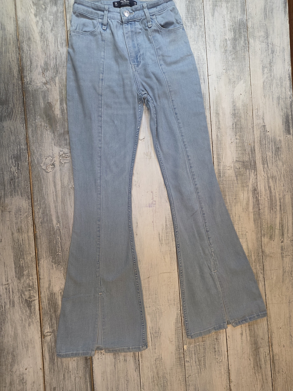 Hollister Light Blue California High Rise Flared Jeans w/ Front Split Hem Sz 3R